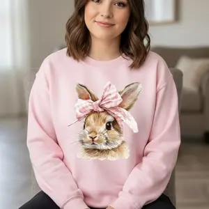 Retro Easter Bunny Sweatshirt Vintage Happy Easter Graphic Sweater Girly Funny Easter Bunny Bow Easter Holiday Printed Gift Easter