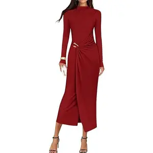 ZESICA Women's 2026 Spring Long Sleeve Bodycon Dress Mock Neck Wedding Guest Cocktail Party Long Midi Dresses