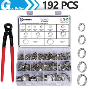 192-Piece 304 Stainless Steel Professional Single-Ear Hose Clamps Set, 12 Sizes (5.3-33.1 mm) Crimped Ear Clamps, Ideal for Plumbing & Pipe Fitting Tasks, Great Dad Gift