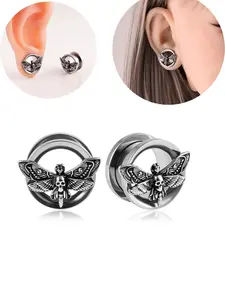 Vanku 2pcs Vintage Skull Moth Ear Gauges, 316L Surgical Steel, Hypoallergenic Gothic Piercing Jewelry, Casual Style, All Seasons Accessory