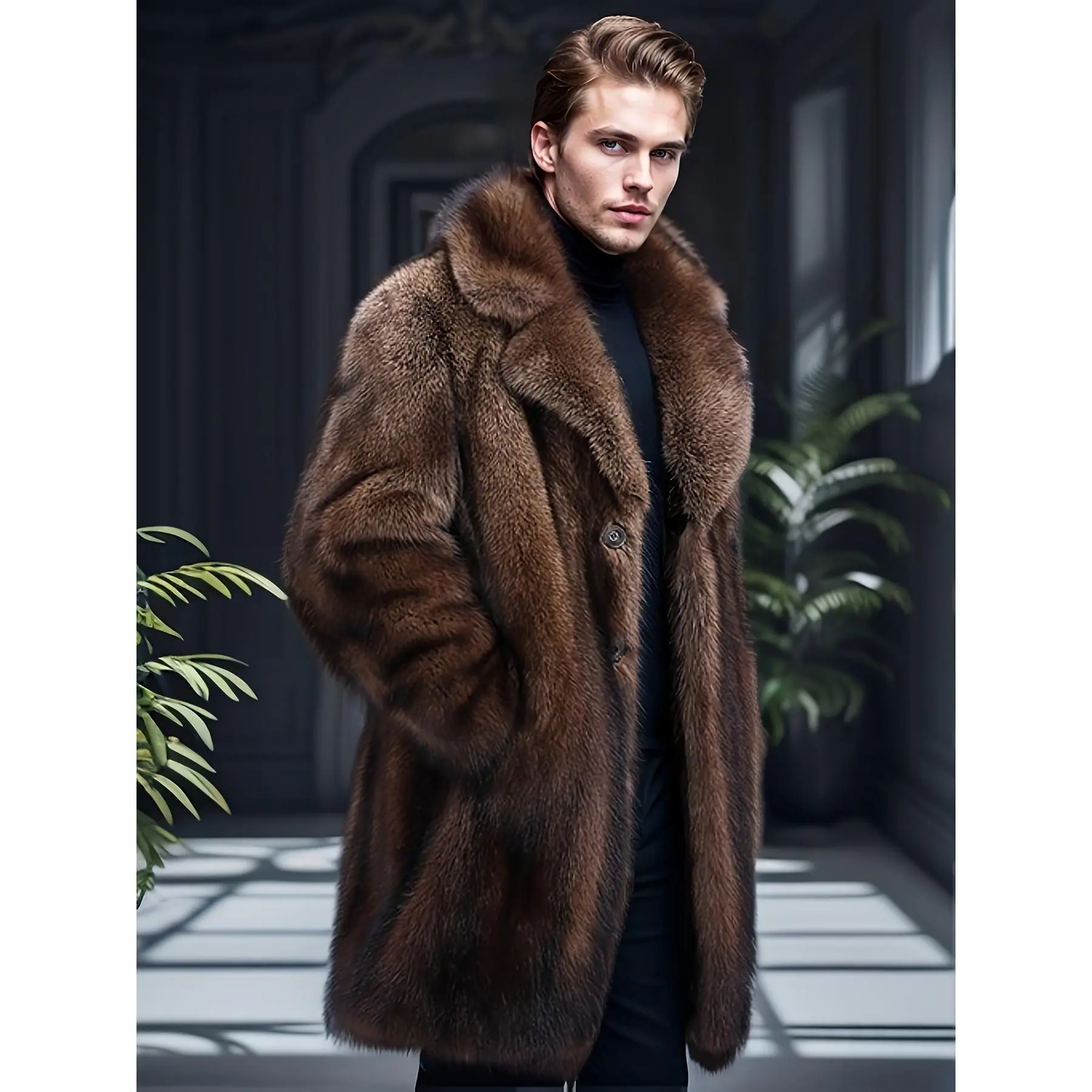 Men's Luxury Faux Mink Fur Coat, Warm Long Sleeve Winter Jacket with Lapel Collar for Stylish Casual Menswear, Jackets
