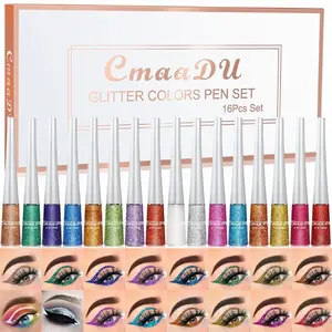 Cmaadu 16 Color Gold Glitter Eyeliner Liquid Set, Glam Pack Glitter, Shimmer Eye Liner Brightening, Stage Makeup, Eyeshadow, Perfect for Parties