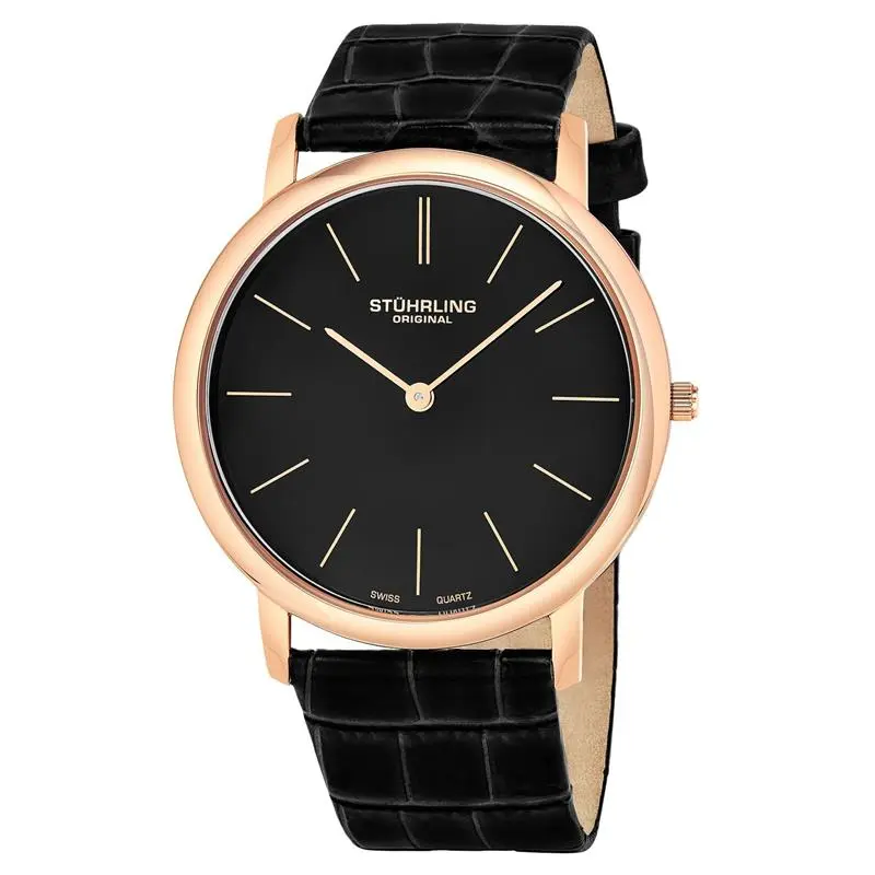 Stuhrling Men's Swiss Quartz Ultra Thin Rose Tone Black Leather Strap Watch