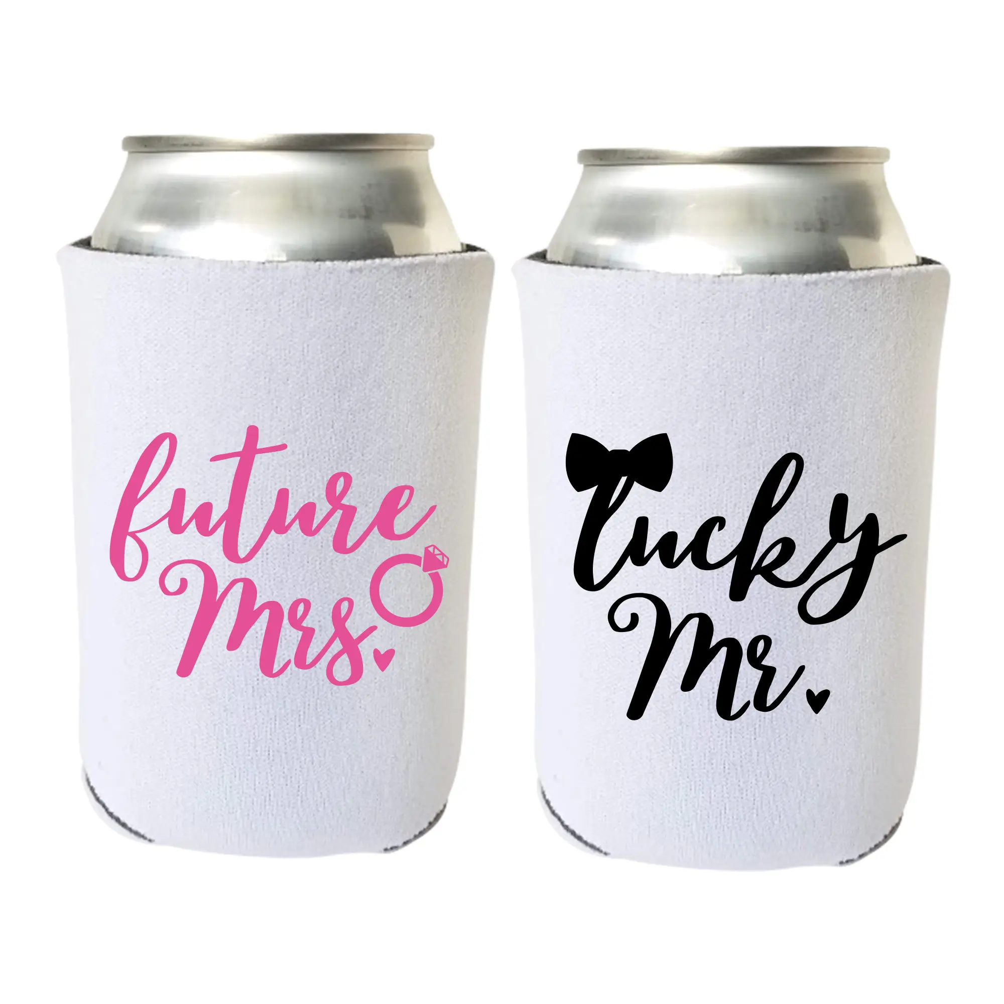 Wedding Can Coolers, Future Mrs Pink, Lucky Mr Black, Bride to Be, Groom Beer Koozies for Cans or Bottles, Wedding Favors Coolies
