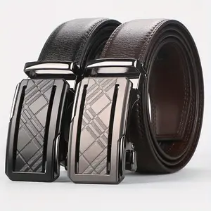 Men's Simple Design Automatic Buckle Belt - Genuine Leather Cowhide, Average Size | Durable Alloy Buckle | Perfect for Dress Pants