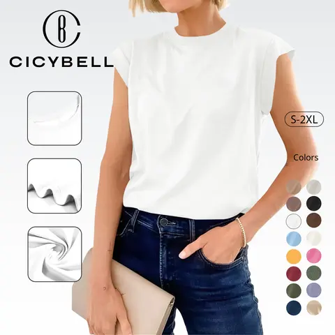 Cicy Bell Womens Cap Sleeve Cotton Tank Tops Summer Casual Loose Fit T Shirts Crew Neck Basic Tee Breathable Crewneck
