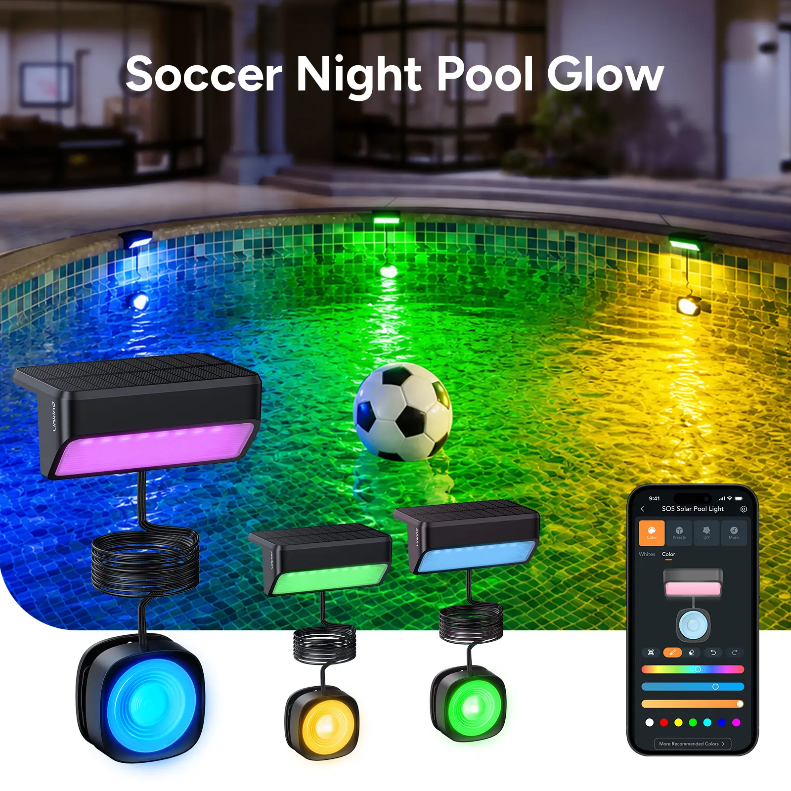 Linkind Smart Solar Pool Lights with RGBW APP Control,IP68 Waterproof LED Light for Above Ground Pool,Poolside Smart Pool Light,Smart Solar Pool Lights Inground for Garden, Pond, Patio