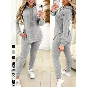 Women's Cozy Fitted Hoodie & Jogger Set, Soft Fabric & Drawstring Hoodie & Side Slit Detail & Elastic Waist Joggers & Multiple Colors