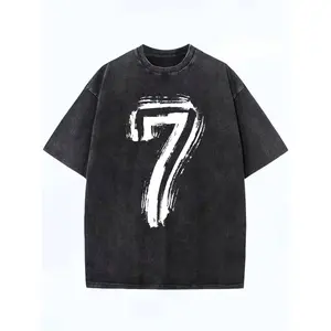 Men'S Oversized T-Shirt 100% Distressed Acid Washed Black Crew Neck Streetwear Graphic Tee with Number 7 Print Soft Breathable Relaxed Fit Summer Fashion Casual Top for Men