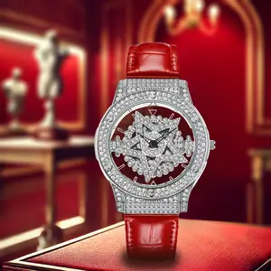 Fashion Ladies Elegant Temperament Pentagram Diamond-encrusted Fortune Watch Skeleton Rotating Dial Quartz Watch