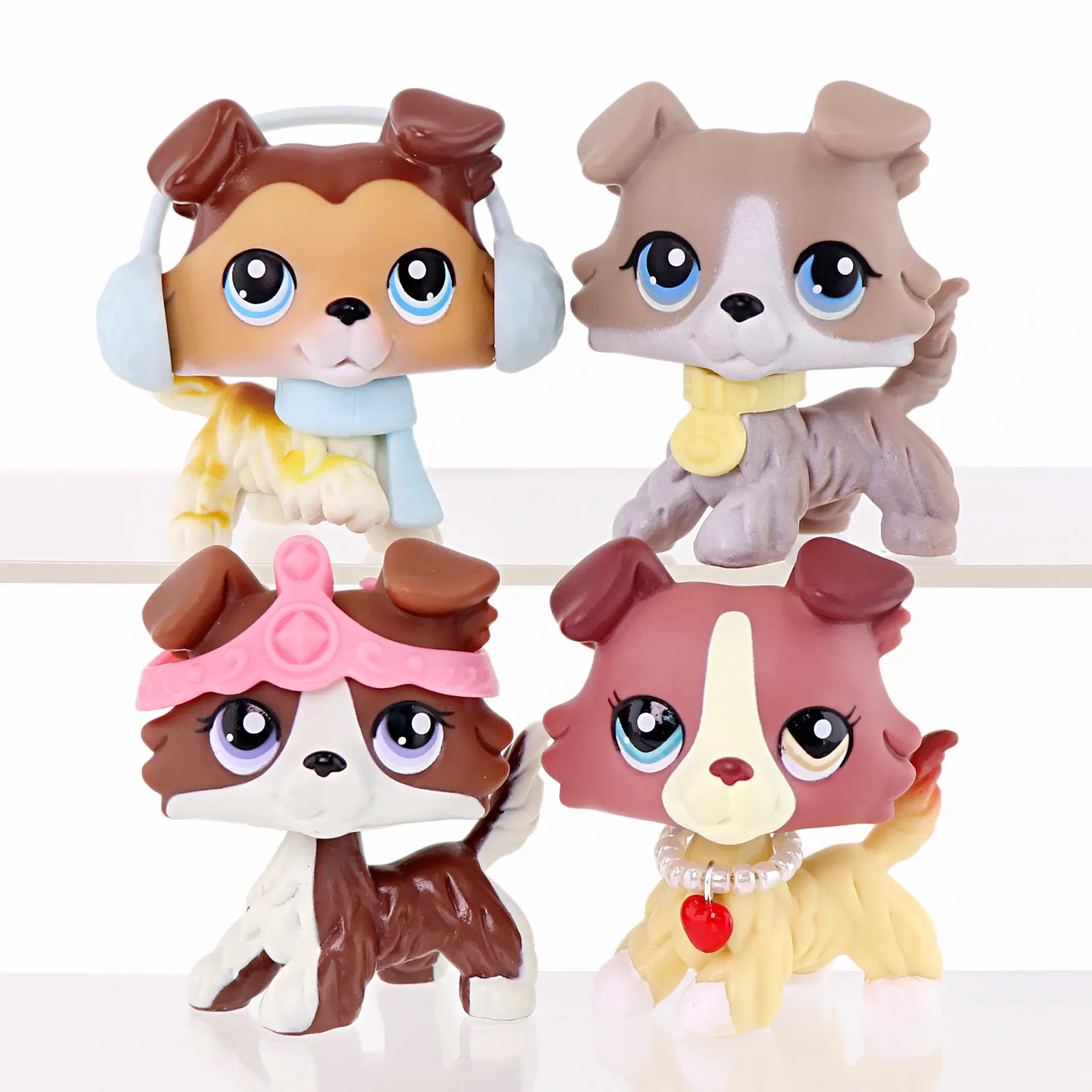 4 Pcs Cute Cartoon Dog Figurines Set, Big Eye Collie Puppy Collectible Figures with Dress-Up Accessories, Mini Animal Toys for Pretend Play, Desktop Ornament & Collector Gift