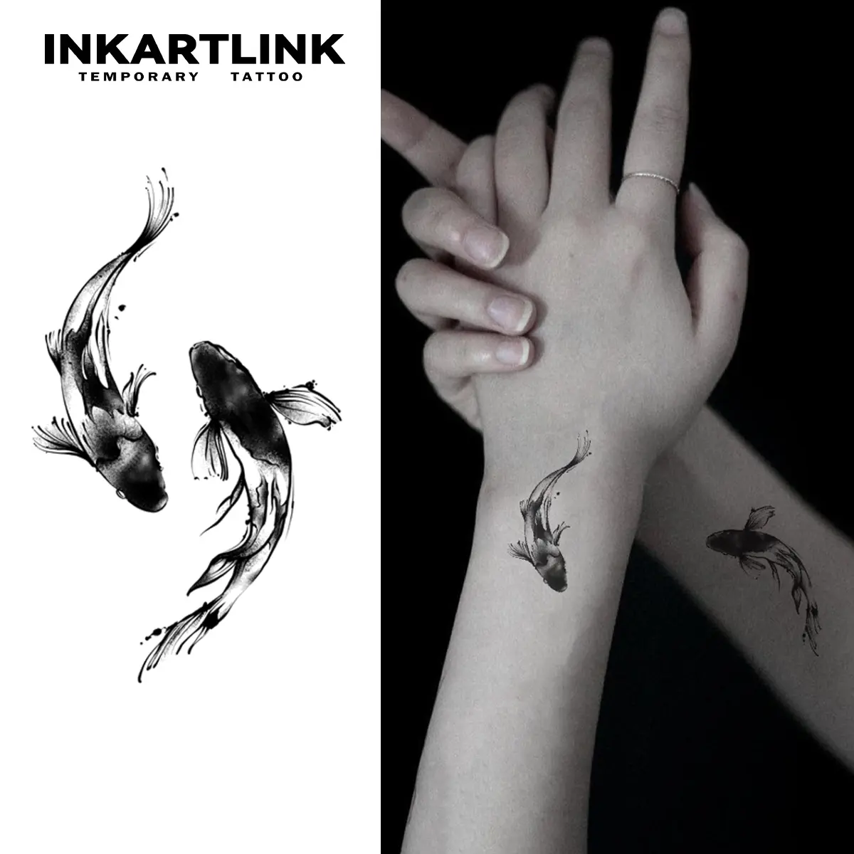 INKARTLINK Tattoo Tech Yin Yang Fish Semi-Permanent Sticker Tattoos - 2 Sheets Fake Realistic Designs, Waterproof, No Adhesive, No Reflection, 1-2 Weeks Long-Lasting, Adult Art for Men & Women, Ideal for Swimming, Party, Fake Tattoos