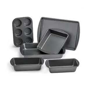 6 Piece Non-Stick Carbon Steel Bakeware Set with Cake Muffin Cookie and Loaf Pans Gray for Easy Baking