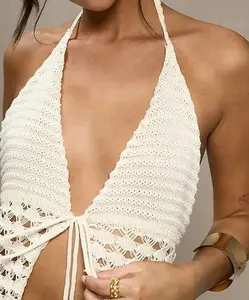 Women's Sleeveless Crochet Knit Halter Top - Backless, Adjustable Drawstring, Deep V-Neck, Openwork Detail, Flared Drape Minimalist Style Summer Tank for Beach, Festival Wear