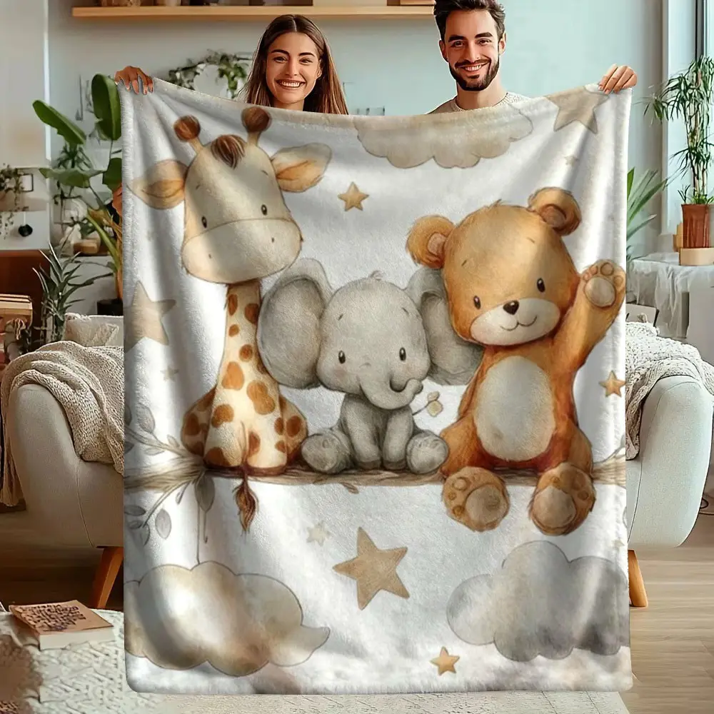 1pc Cute Safari Animal Print Plush Nap Blanket for Bed Cozy Lightweight Blanket for Lounging and Relaxation Soft and Warm Blanket for Napping Versatile and Decorative Blanket for Bedroom or Living Room Suitable for All Ages Adorable Giraffe Elephant Bear
