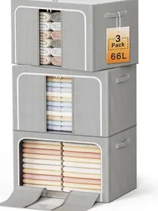 3-piece steel-frame stackable storage boxes. Featured with clear viewing window and zippered lid, it offers large storage space. Equipped with reinforced zippers and sturdy handles, this compact organizer easily holds clothes and bedding.