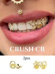 CRUSH CR 2pcs 18K Gold Plated Teeth Grillz for Woman Man Girl Boy Kid Hypoallergenic Skin-Friendly Waterproof Non-Tarnish for Daily Wear Flower Water drop Design with CZ Accent Perfect for Birthday Party Night Out as Edgy Self-Expression Gift