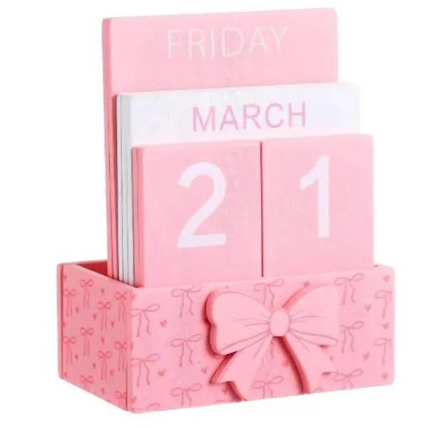 Pink Bow Wood Block Perpetual Calendar Coquettish Desk Decor Cute Month Week Date Display Decorative Block Calendar for Women Office Home Desk Gift for Women