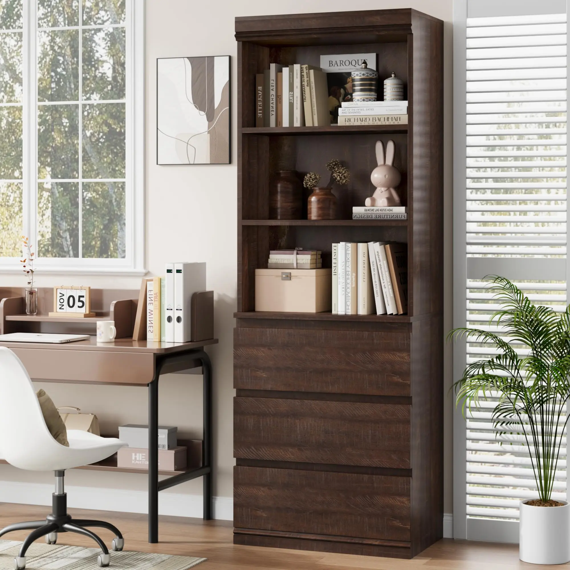 Bookcase with Drawers 70.27 in Tall Bookshelf Farmhouse Bookcases Wooden Deep Bookshelves Storage Cabinet Organizer for Living Room, Study, Brown pantry  cabinet tier bookcase