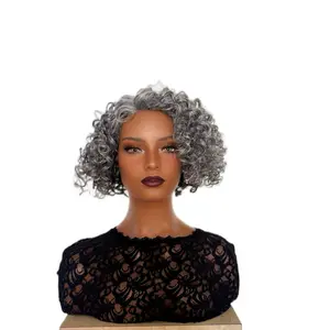 RIVA Gray and Black Curly Bob Wig with NWT Voluminous Curls, Dark Color, Stylish Design for Everyday Wear