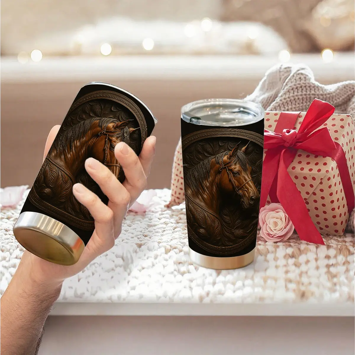 1pc 20oz/600ml Horse Relief Pattern 304 Stainless Steel Vacuum Insulated Tumbler - Portable Insulated Bottle Flask, Ideal for Horse Lovers, Elegant Gift Option (Comfy Throw Blanket, Chairs Inclusive)