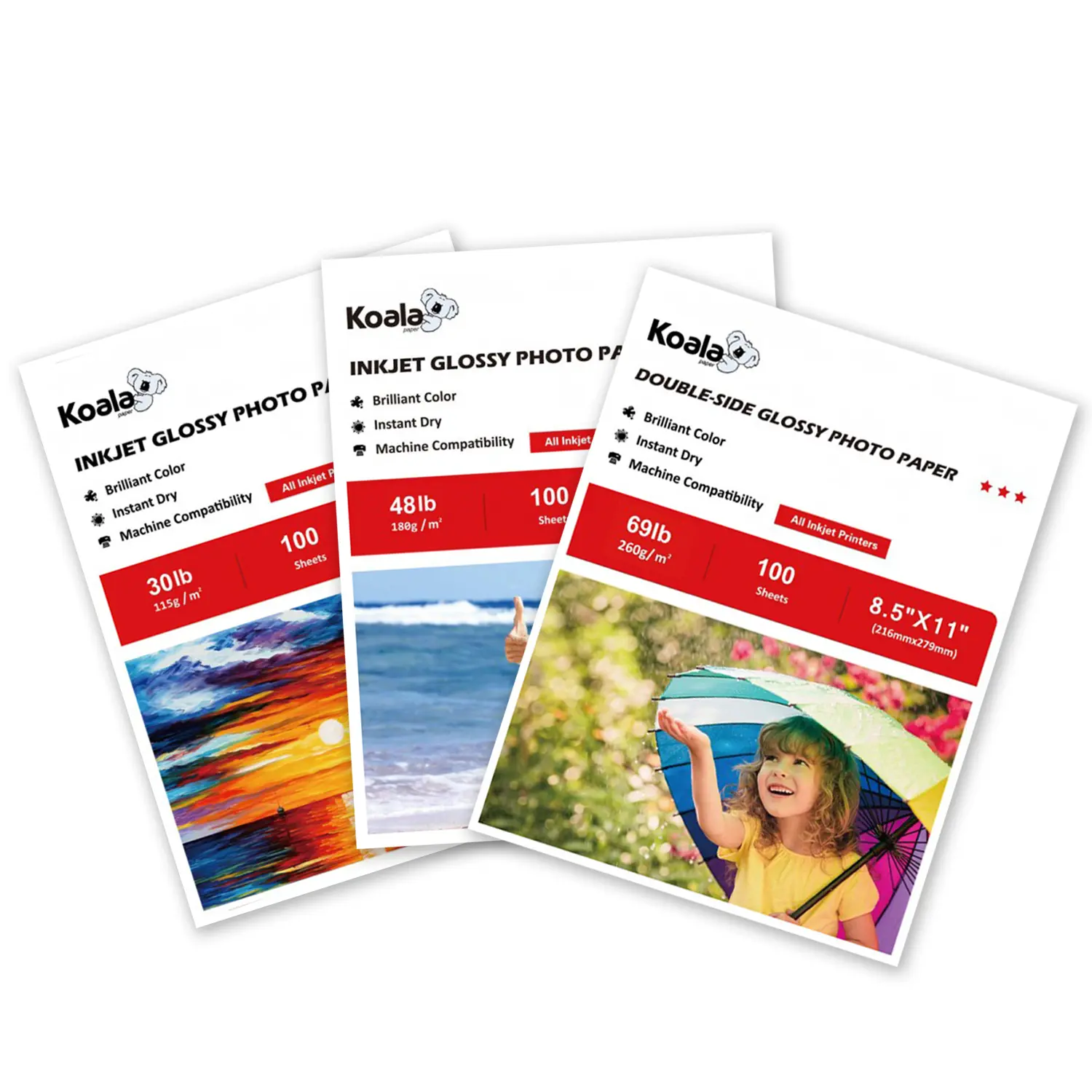 Koala Glossy Photo Paper Bundle 3 Types 115gsm 180gsm 260gsm Double Sided 100 Sheets Each Inkjet Printer Compatible High Color Consistency Fast Dry Vivid Printing Colors Diy Gifts School Projects