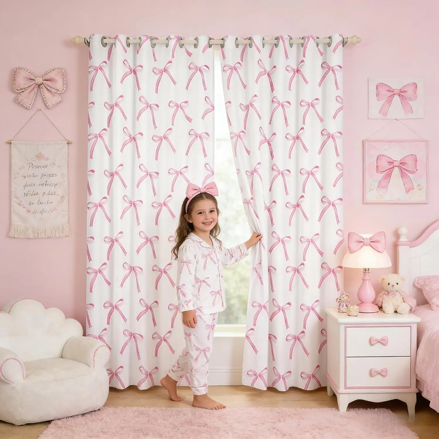 Cartoon Bowknot Kids Blackout Curtains,Pink Bow Tie Butterfly Knot Princess Window Drapes for Girls Women,Watercolor Bow Patchwork Pink White Window Treatments Grommet Top 2 Panel Set