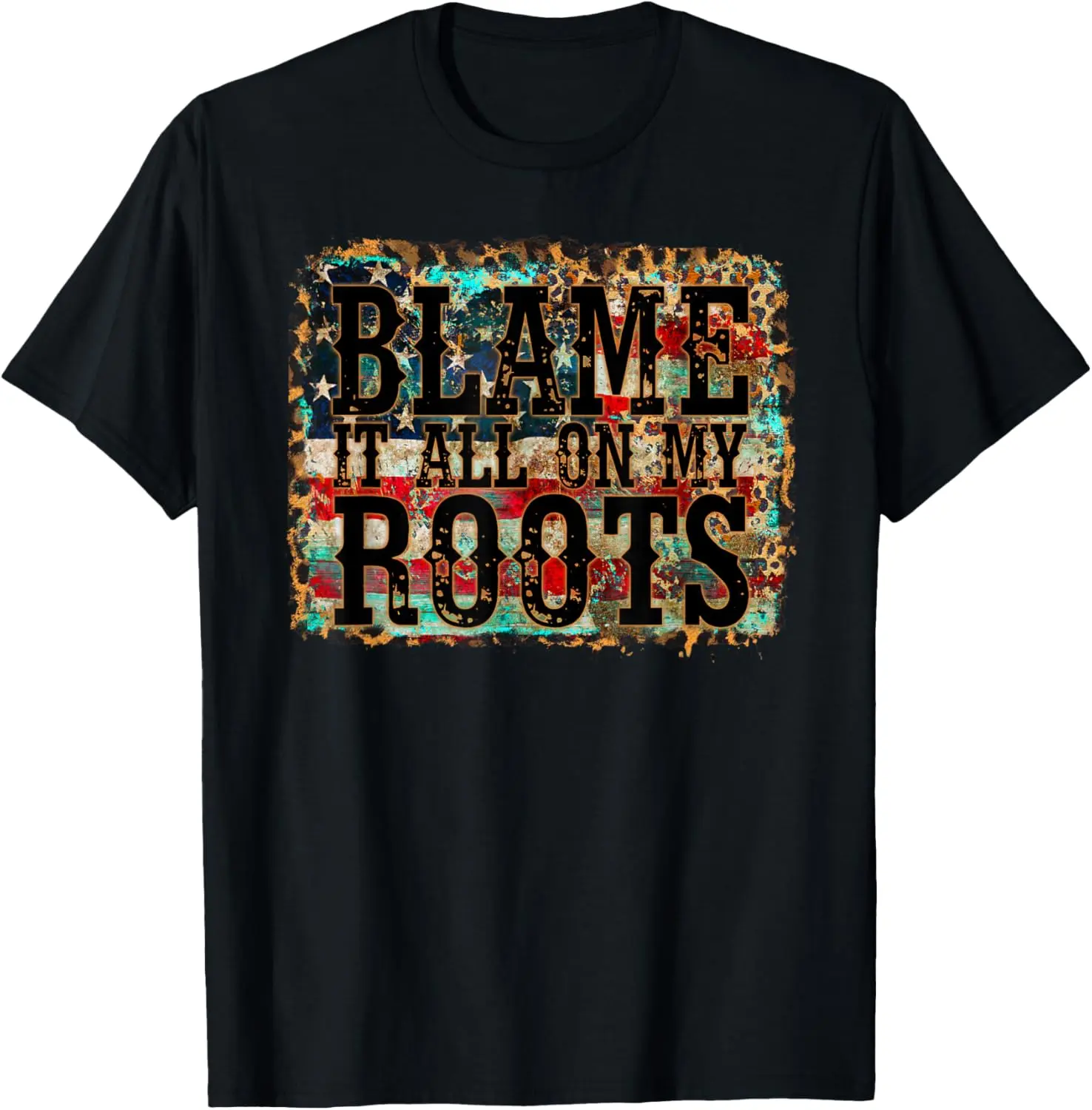 100% Cotton Blame It All On My Roots Country Music Vintage USA Flag T-Shirt