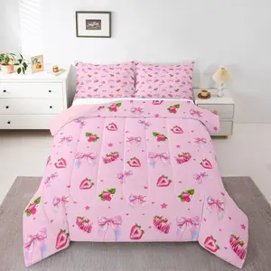 Pink Bow Bedding Set Soft for Boys Girls,Bowknot Comforter Set Strawberry Duvet Quilt Microfiber Kawaii Bedroom Decor