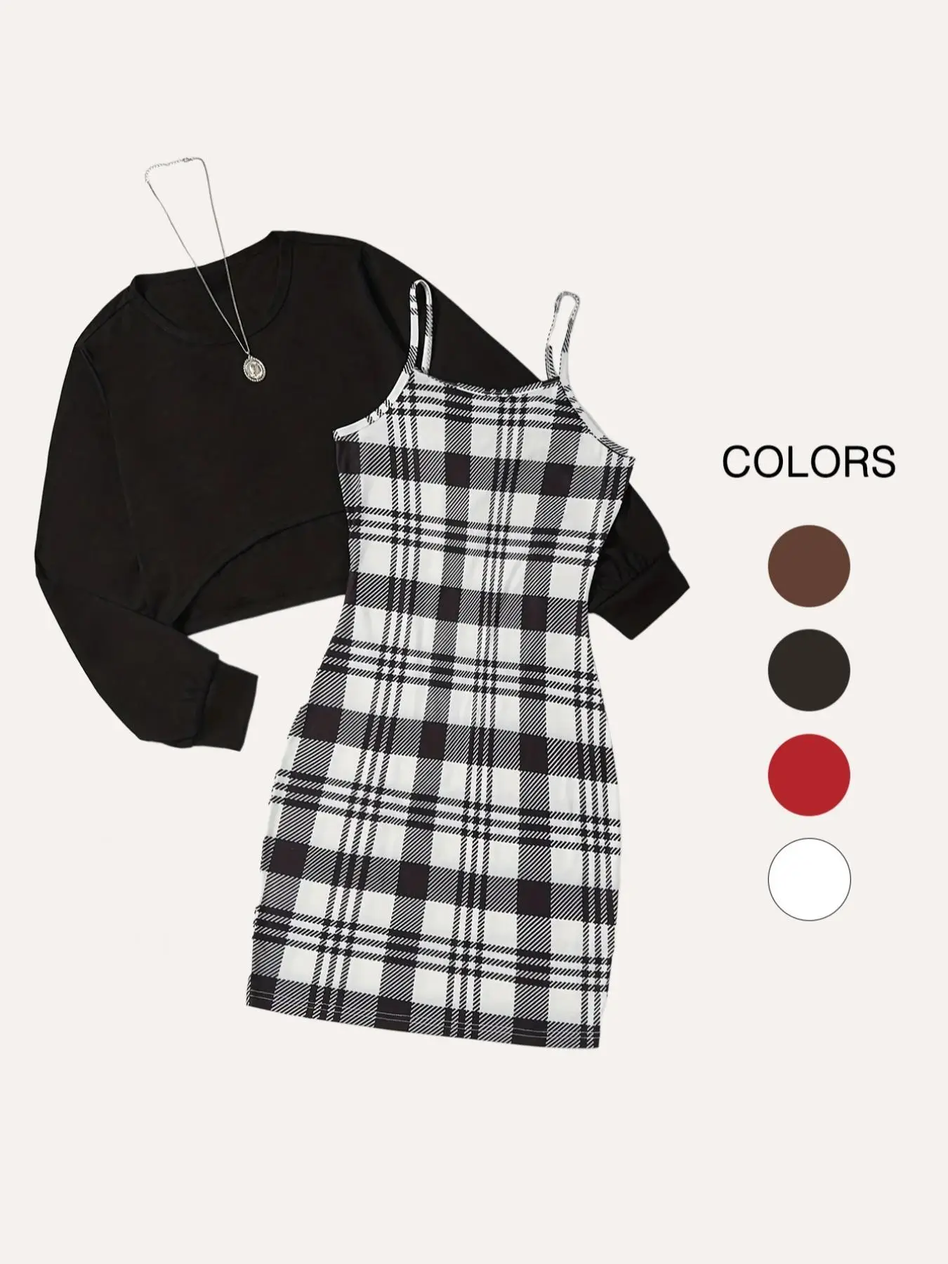 Women's Gingham Cami Dress & Long Sleeve Round Neck Pullover Set without Necklace, Casual Fashion Style Two Piece Outfits for Daily Outdoor Wear, Wome