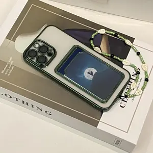 Green Plated Phone Case with Chain, Phone Protective Cover, Phone Accessories Compatible with iPhone 11 12 13 14 15 Pro Max Plus, Casing