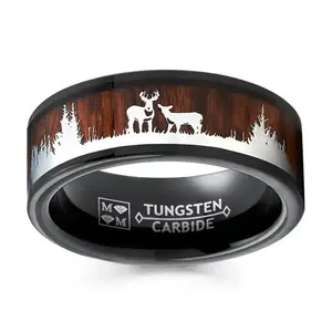Men's Black Tungsten Hunting Ring Wedding Band Wood Deer Nature 8MM