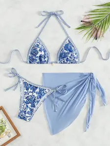 Women's Ethnic Pattern Bikini Set, Boho Style Halter Neck Triangle Swim Bra & Tie Side Swim Bottom & Knot Side Cover Up Skirt, Summer Beach Holiday Vacation Swimwear Set for Women, Tie Back Bikinis, Floral Bikini, Flower Print Bikini