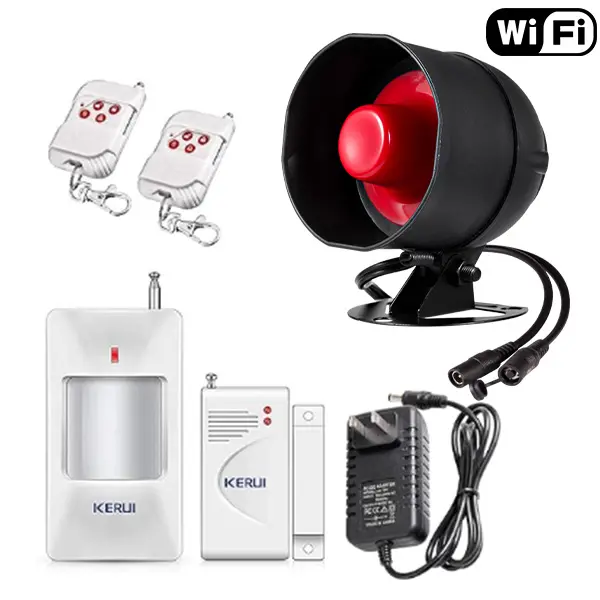Kerui WiFi Security Alarm System Kit-Wireless 120db Loud Weatherproof Siren Horn with Remote Control& Door Contact Sensor&Motion Sensor Alarm Home Hotel Garage  Office Shop  Burglar Alarm System