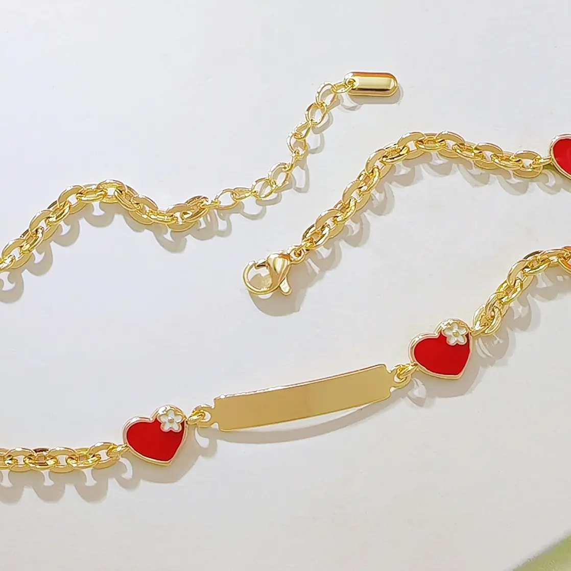 14K Gold Plated Red Enamel Heart Link Bracelet, Engravable ID Bar Bracelet with Flower Accents, Adjustable Tarnish Resistant Everyday Jewelry Gift for Women