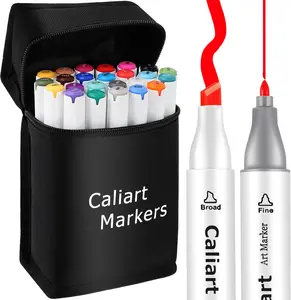 Caliart 24 Colors Fine & Chisel Permanent Alcohol Markers, Dual Tip Artist Sketch Art Markers Set for Adult Coloring Book, Aesthetic Cute School Supplies, Pens for Drawing Coloring Illustrations