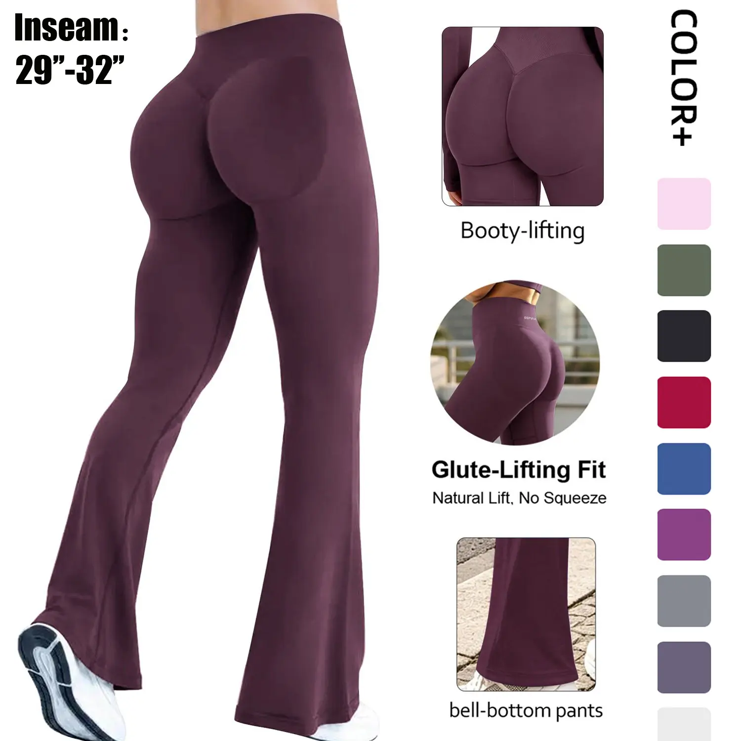 29‘’ 32‘’ Mini Flare Leggings for Women, Seamless High Waist Tummy Control Workout Yoga Pants Scrunch Butt Lifting , Mini Flared Impact Leggings for Women Seamless Hidden Scrunch Butt Lift Workout Legging Flare Bootcut Yoga Pants