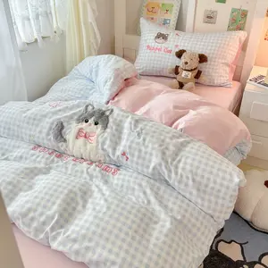 Cute Cat Embroidery Bedding Set, Duvet Set, 3 Piece Soft Comfortable Sheet Set for Girls Bedroom, Dorm Room Decor, All Seasons Use
