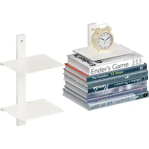 Floating Book Shelves for Wall, 2 Tier Invisible Floating Bookshelf, Vertical Spine Book Tower, Wall Mounted & Space Saving, Heavy Duty Metal Book Organizer for Home Office, 1 Pack White