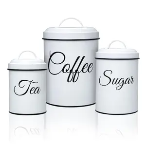 Garvee 3-Piece White Canister Set with Airtight Lids and Handles - Vintage Rustic Farmhouse Style Coffee, Tea, and Sugar Containers for Kitchen Countertop Storage and Decor