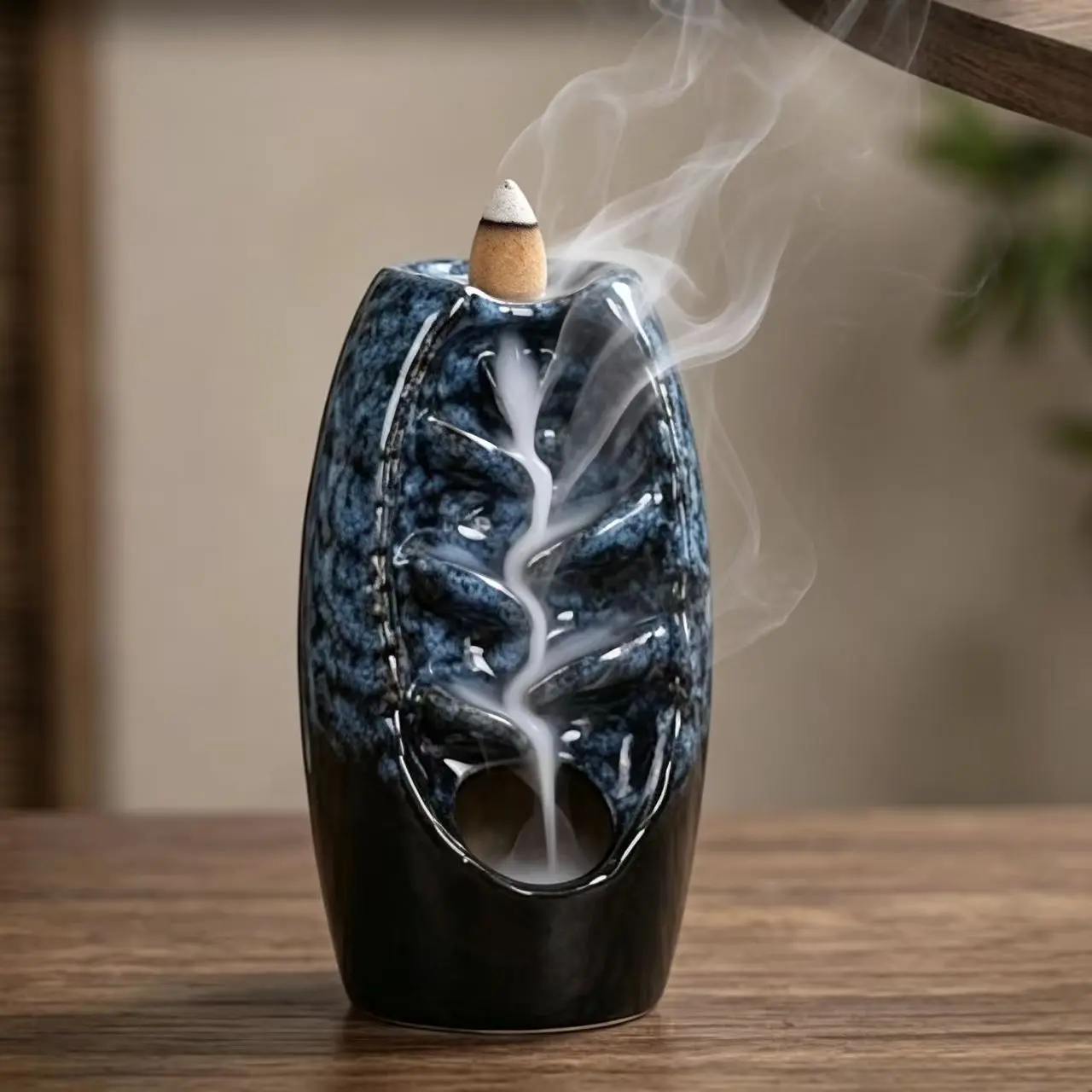 Ceramic Backflow Incense Burner, Hand-Crafted Blue Glaze Waterfall Smoke Cone Holder, Aromatherapy Ornament for Meditation Home Decor, Spiritual Relaxation Gift