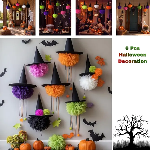 6 Pcs Halloween Decoration Witch Hats Bulk with Colorful Velvet Ball | Halloween Witch Hat Hanging Decor with Rope Floating Wizard Cap for Halloween Home Porch Yard Indoor Outdoor Party Supplies