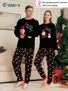 Couple Christmas long-sleeved trousers loungewear pajamas pajamas set, Santa Claus and snowman and monogram print elements, crew neck design, Christmas set, men's or women's, single set