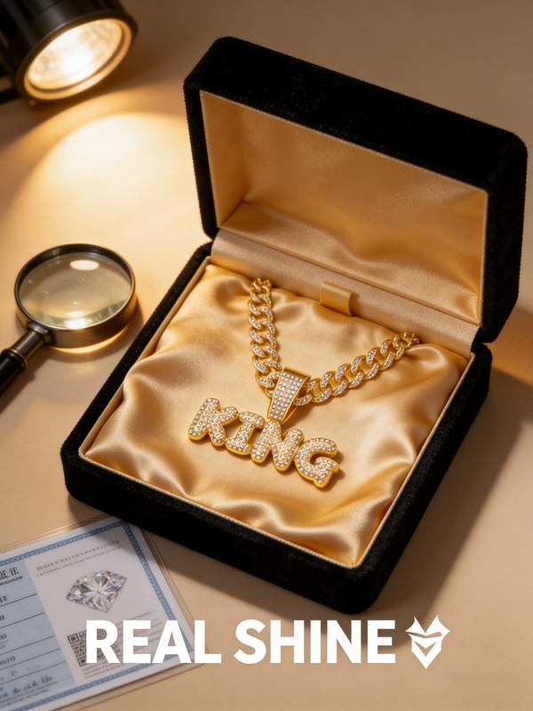 Hiphop Full Diamond King Letter Cuban Chain, Fully Encrusted Detail, Shiny, Unisex Street Style Jewelry, Cuban Link Chain