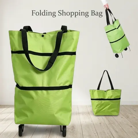 2-in-1 Foldable Shopping Cart with Wheels, Portable Reusable Grocery Tote Bag Water-Resistant Collapsible Rolling Shopping Bag for Groceries, Laundry, Travel and Everyday Errands