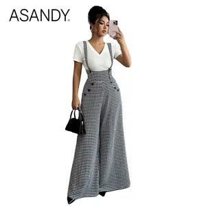 ASANDY Women's Houndstooth Print Wide Leg Overalls Button Detail High Waist Suspender Jumpsuit Casual Elegant Silhouette Versatile Style Perfect For Office Daily Brunch & Streetwear Looks