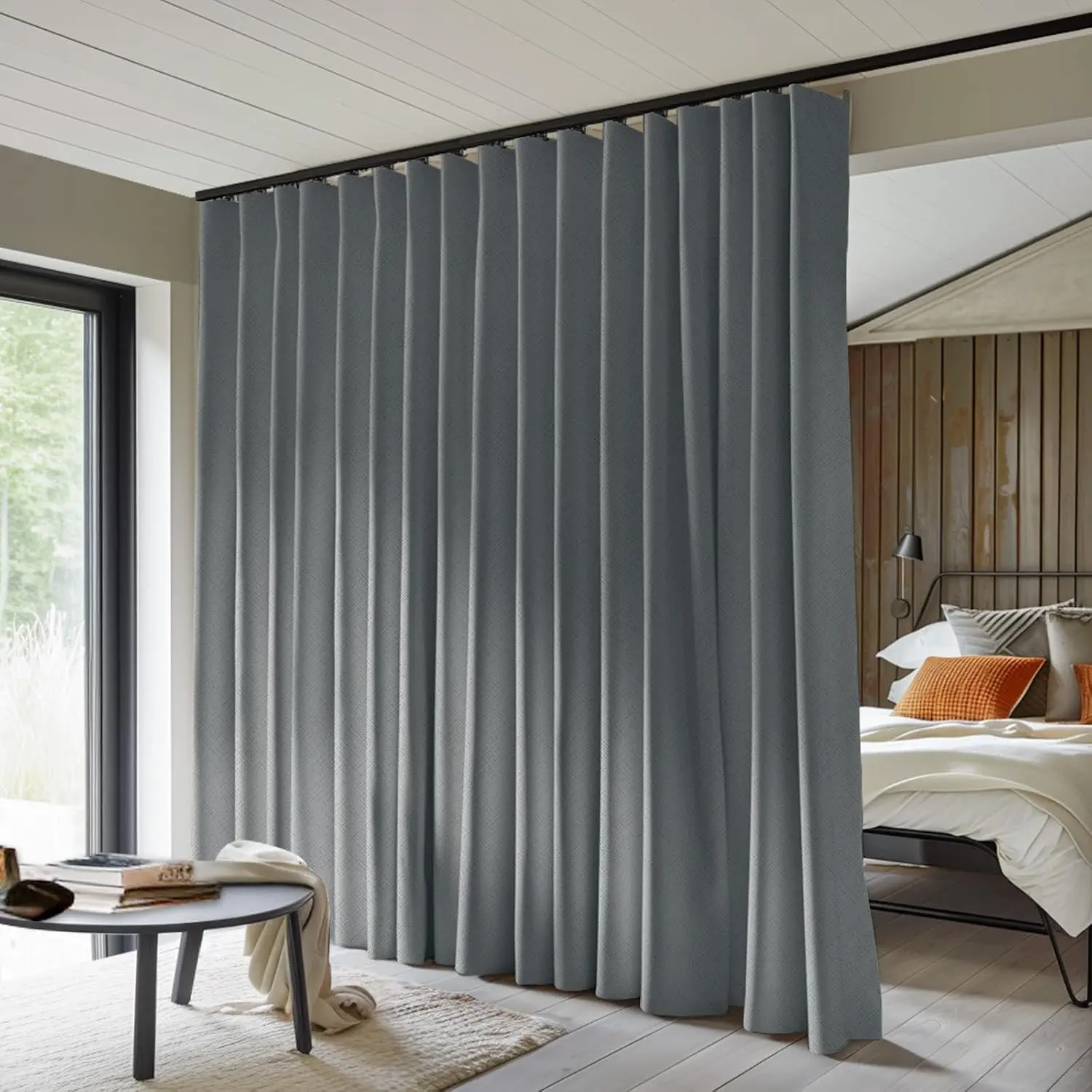 Room Divider Curtains Total Blackout Privacy Panel Room Thermal Noise Reduction Curtains for Bedroom Window Living Room Ceiling Track W 15 ft * H 8 ft Dark-Grey