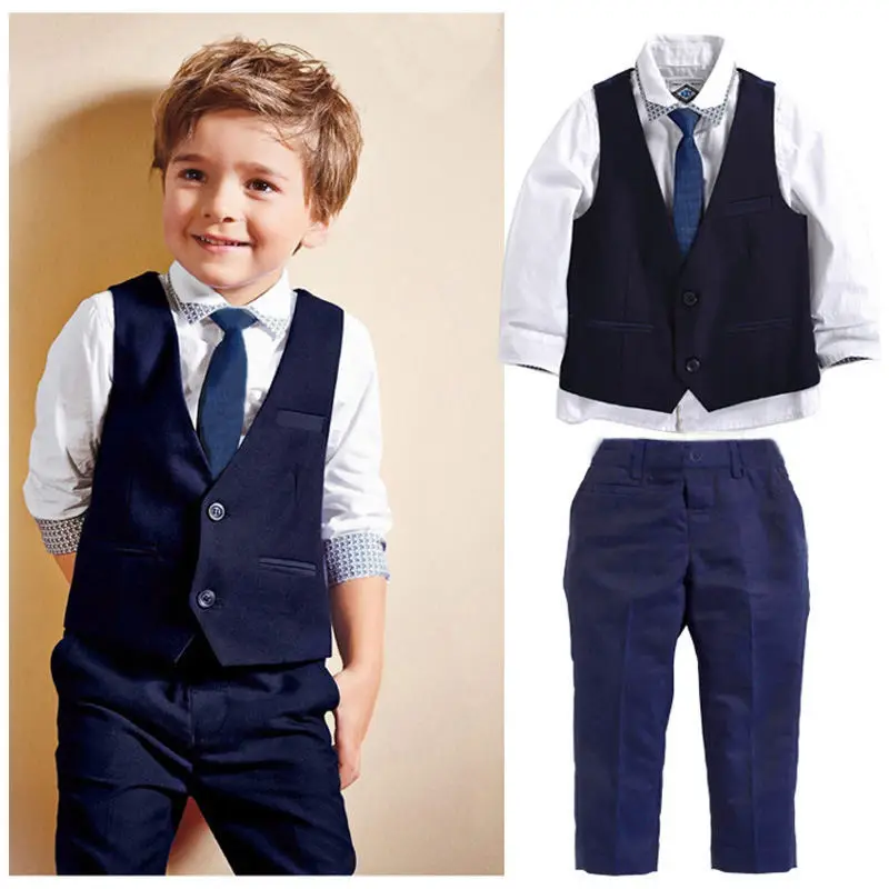 1-7Y Baby Boys Gentleman Suits, Kids Tuxedo Waistcoat + Tie + Shirt + Pants Outfits, Long Sleeve Tops Trousers Sets Cloth