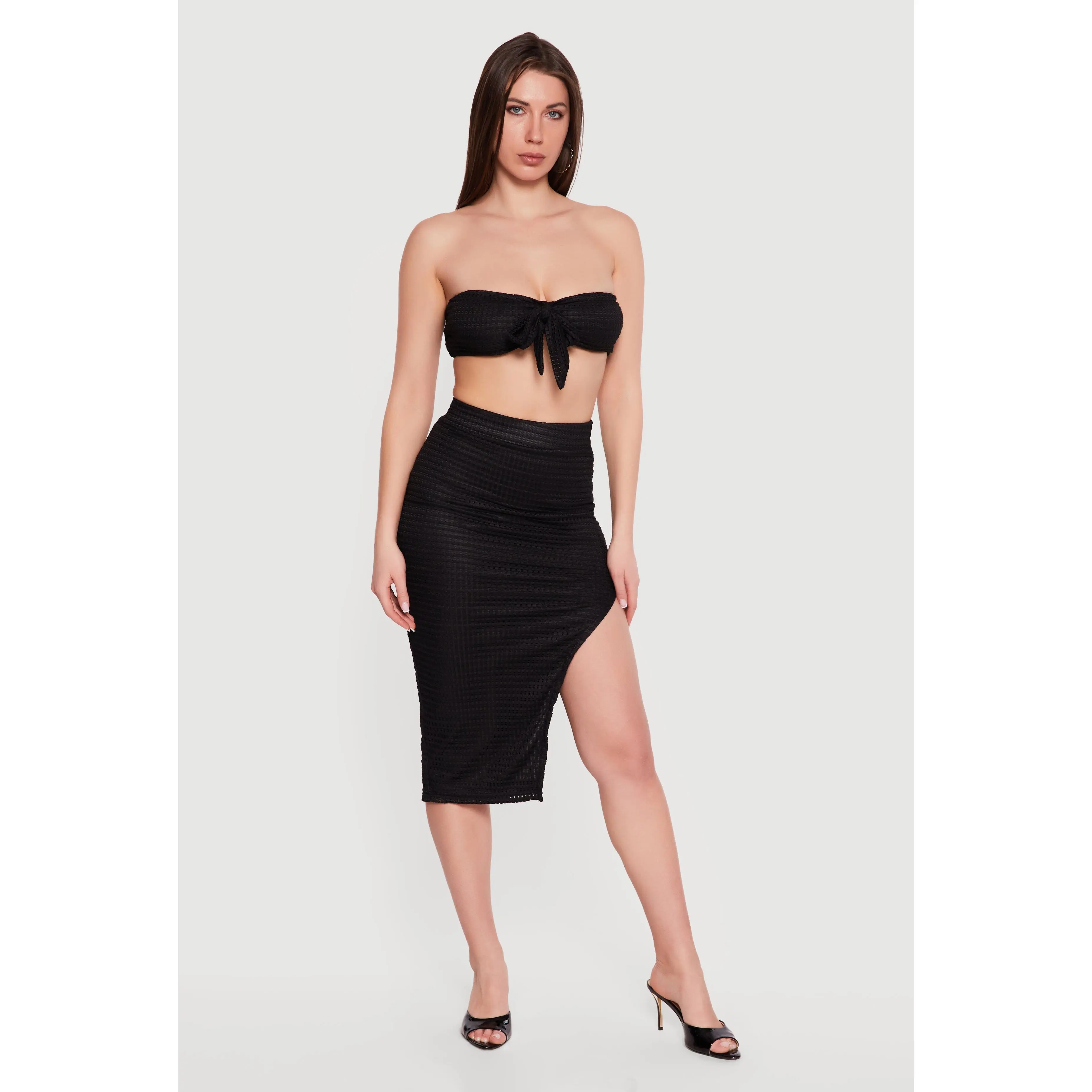 High Waisted Textured Knit Side Slit Midi Skirt