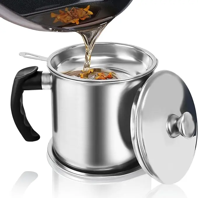 Stainless Steel Multi-Functional Oil Storage Container with Metal Strainer, Kitchen Cooking Accessories, Strainers and Colanders, Kitchen Utensils & Gadgets